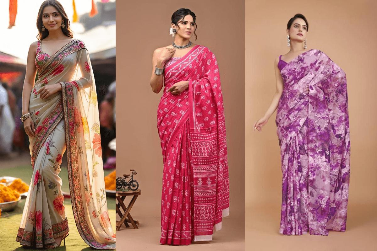 Floral Printed Saree For Saraswati Puja