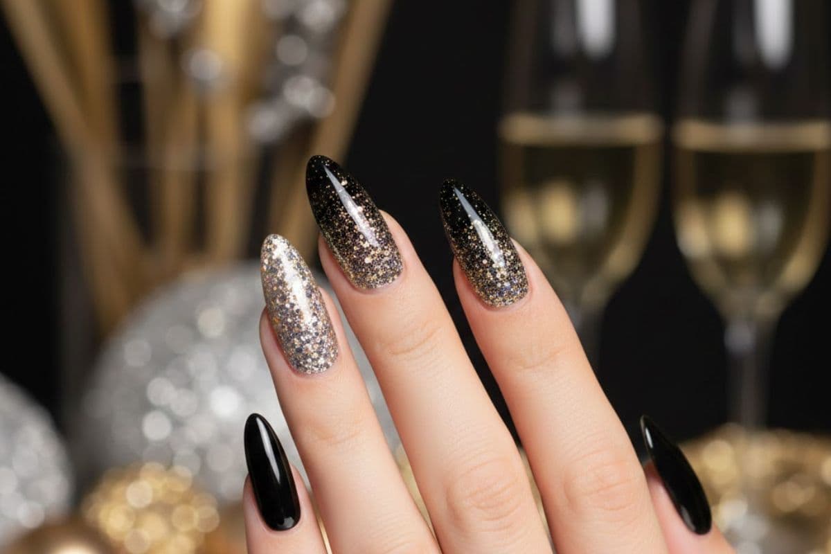 Glitter black nail art