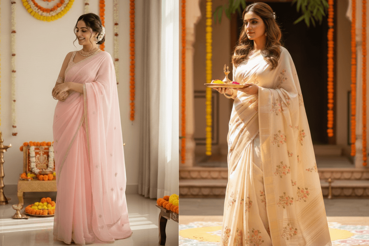 Light Shade Saree For Saraswati Puja