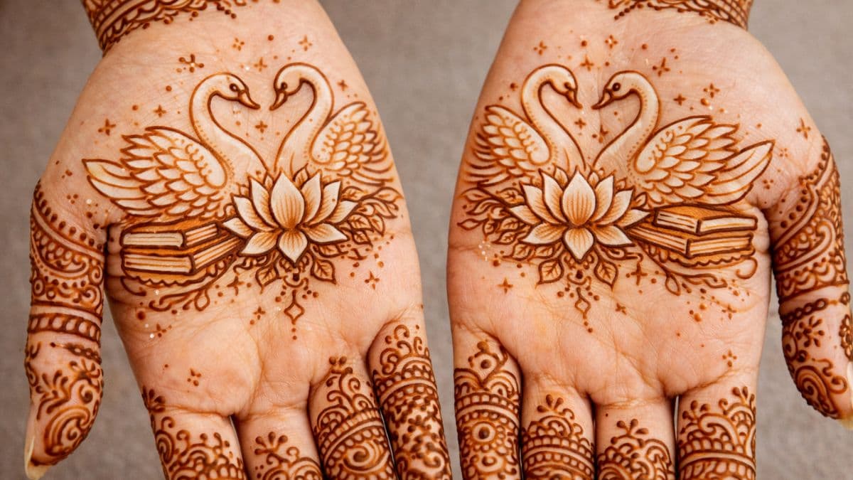 Pattern with swans and lotus flowers