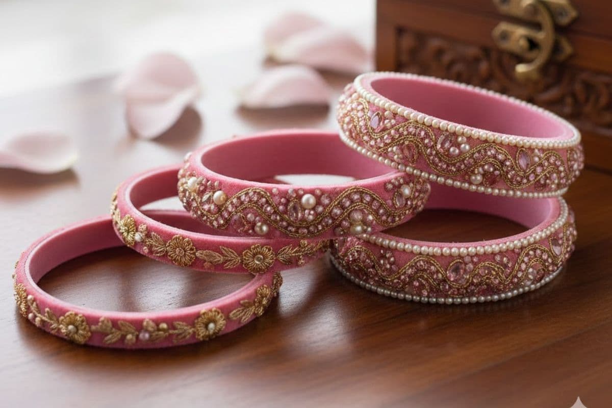 Pink Colour Velvet Bangles