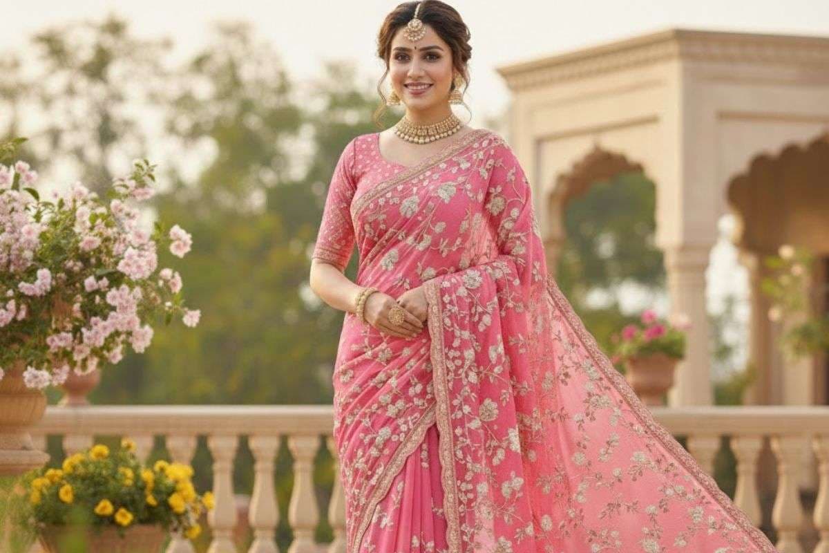 Pink Colour Zari Work Saree