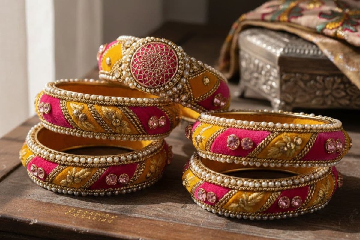 Pink & Yellow Velvet Bangles