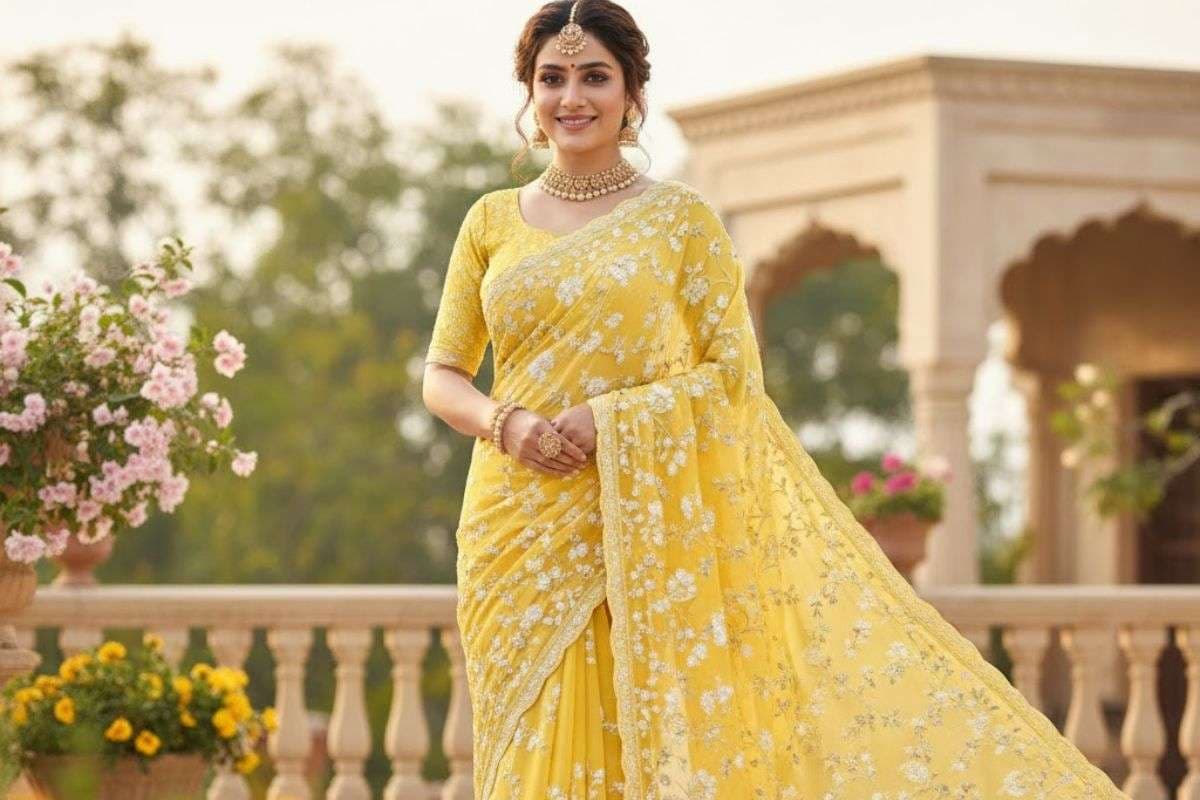 Yellow Colour Fabric Embroidered Saree