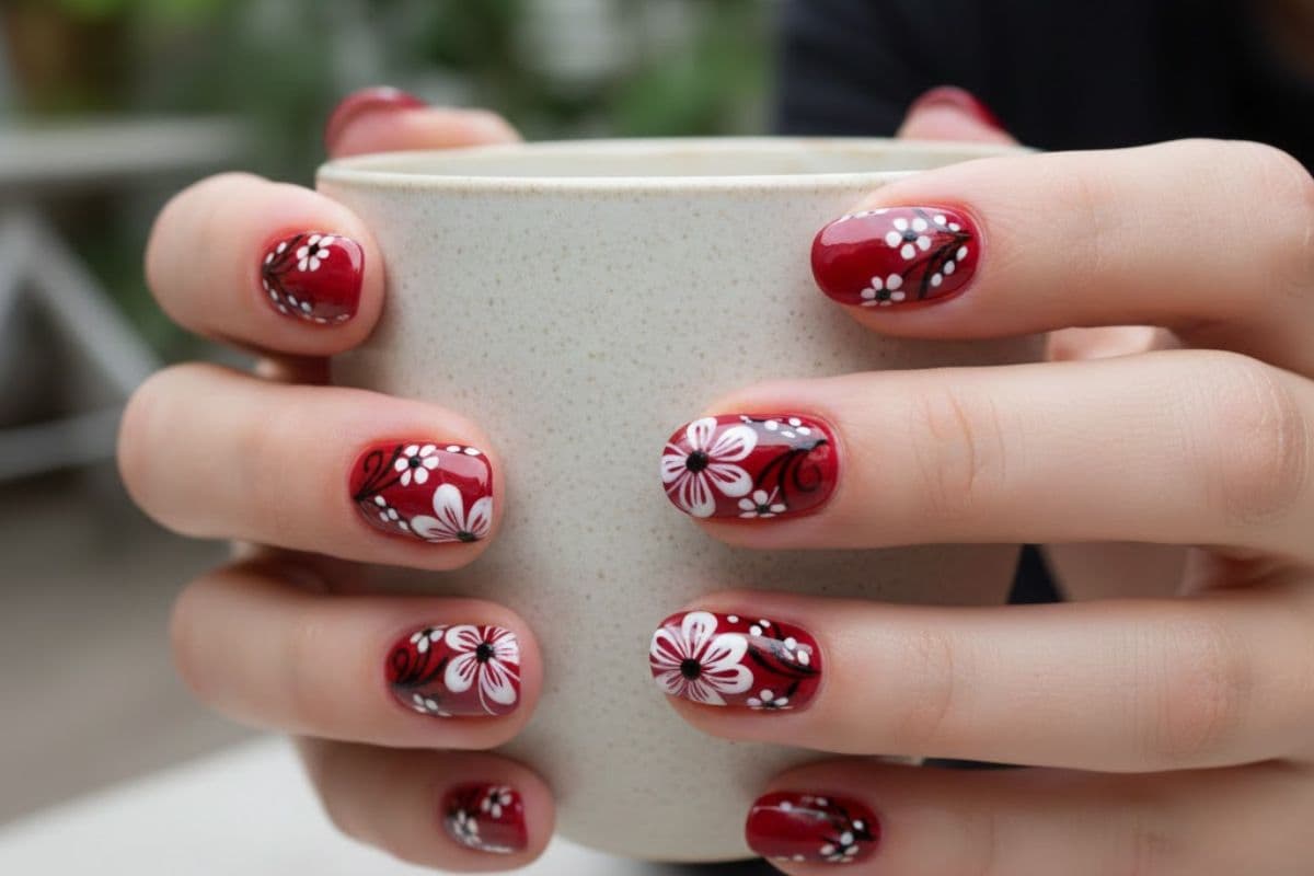 floral red nail art