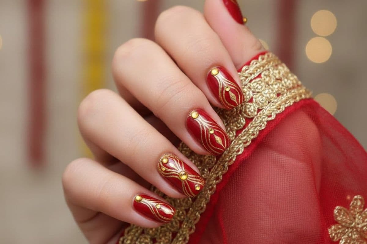 red and golden nail art