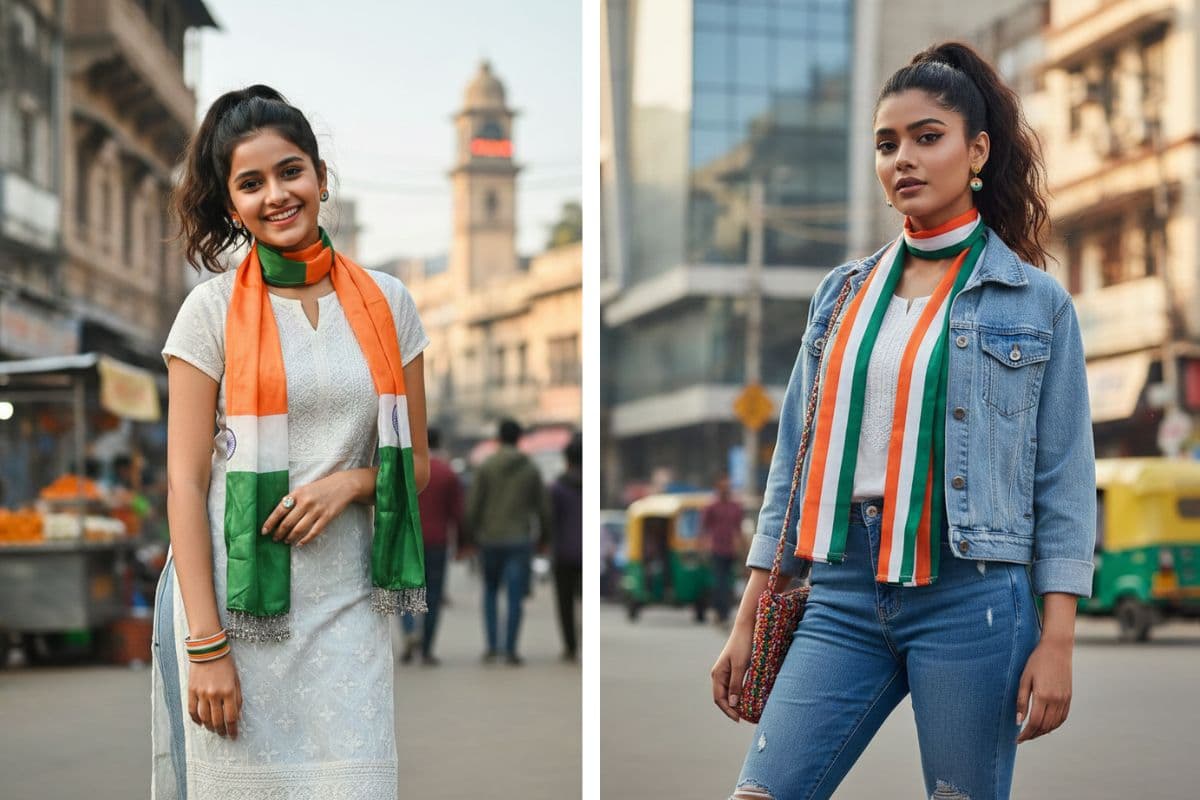 Indo-western Republic Day style with a white kurti, jeans, and tricolour scarf