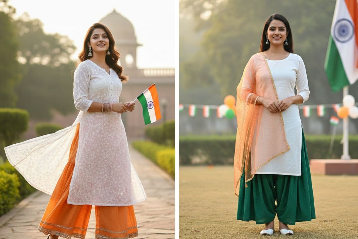 White kurti paired with green Patiala salwar for a patriotic theme