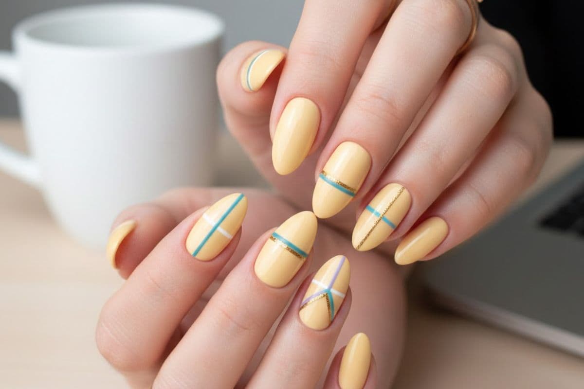yellow line nail art