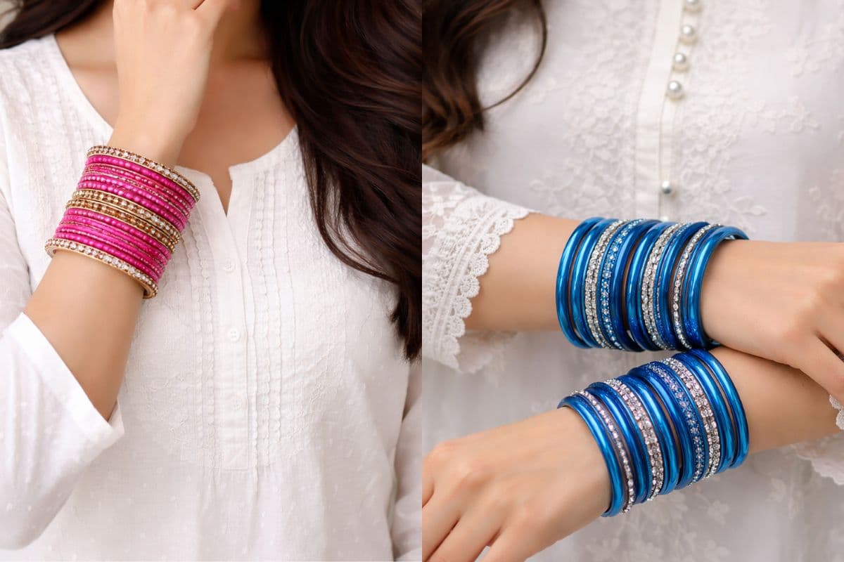 सिंपल व्हाइट कुर्ती या साड़ी के साथ पहनें ये खूबसूरत बैंगल्स, पाएं स्टाइलिश लुक