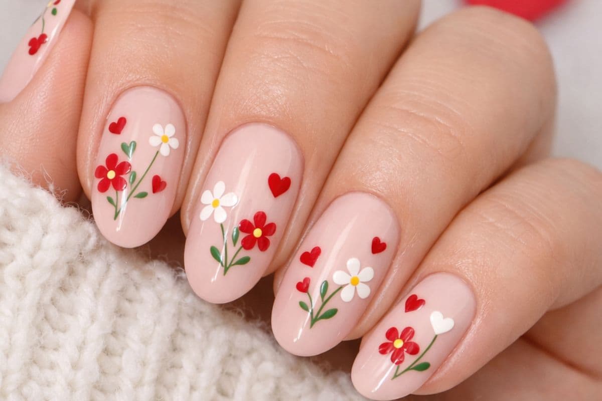 floral nail art for valentine
