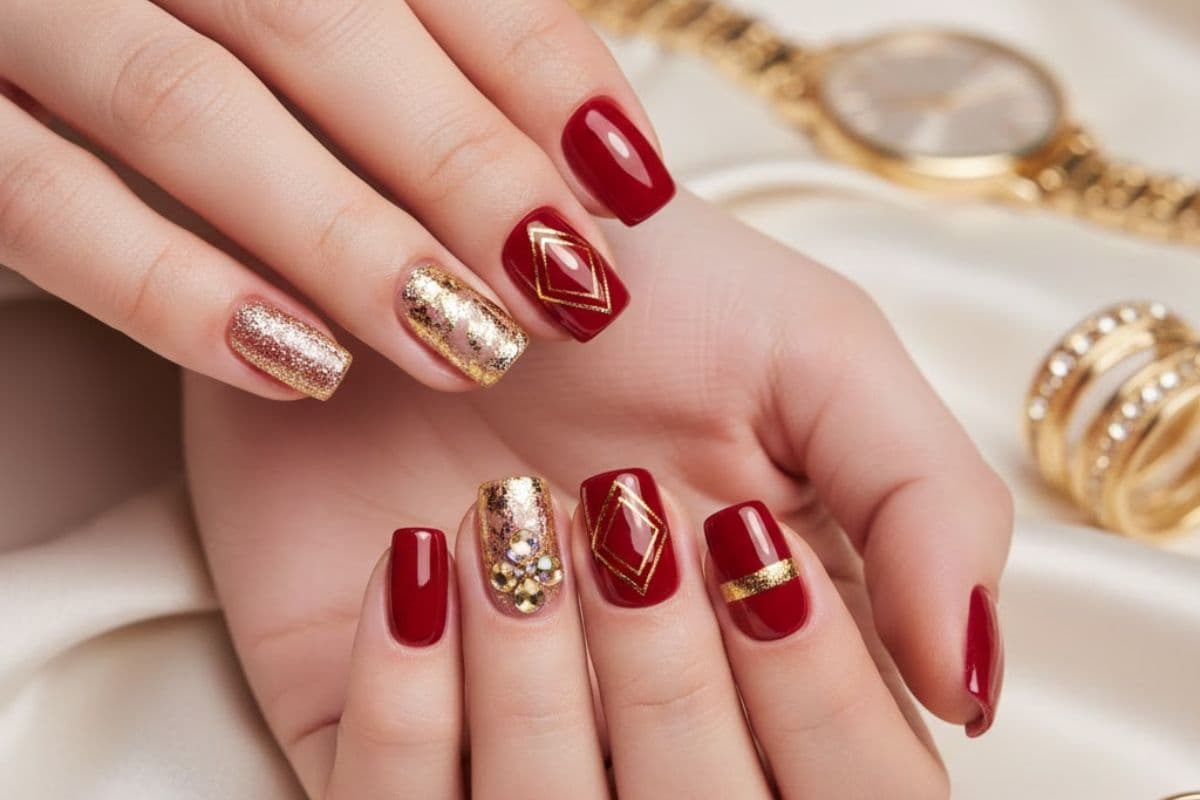 red and golden nail art for valentine