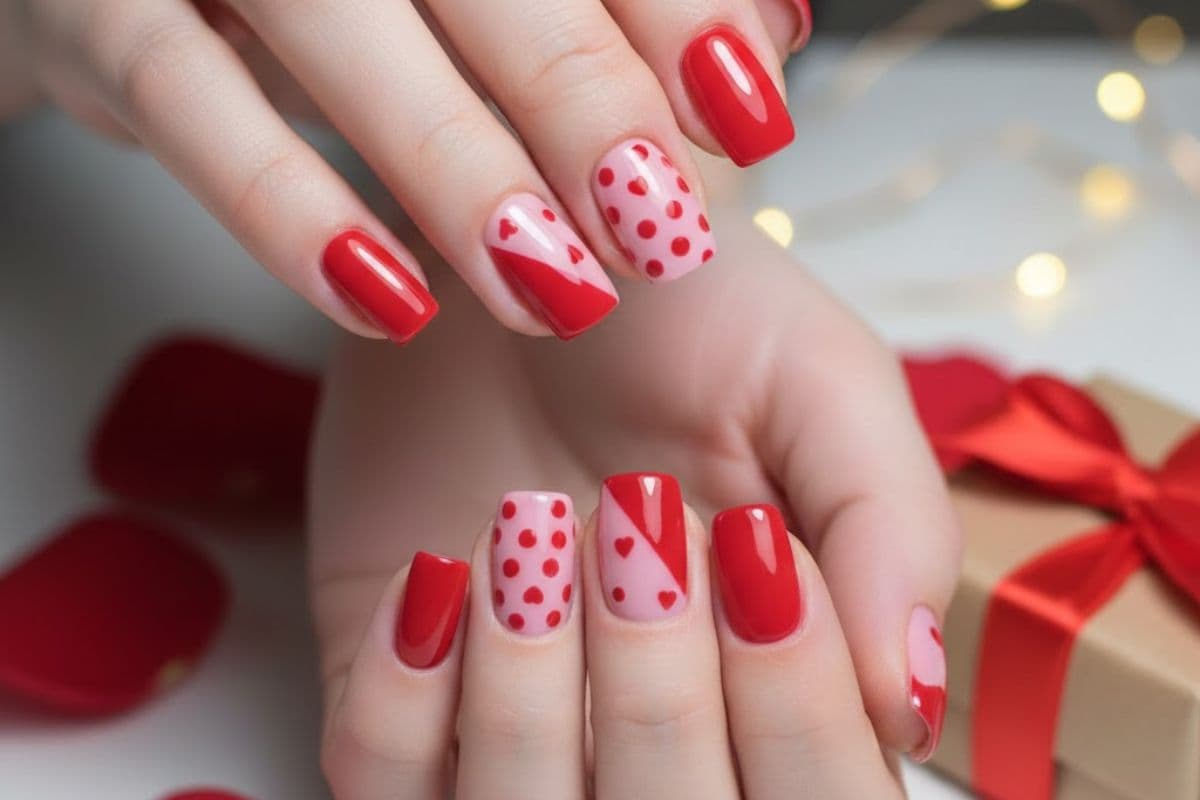 red and pink nail art for valentine