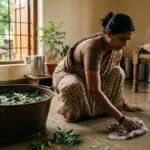 A woman is mopping with neem water.