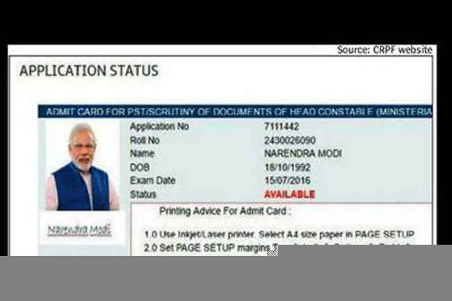 ... और जारी कर दिया नरेंद्र मोदी के नाम पर हेड कांस्टेबल की भर्ती के लिए एडमिट कार्ड