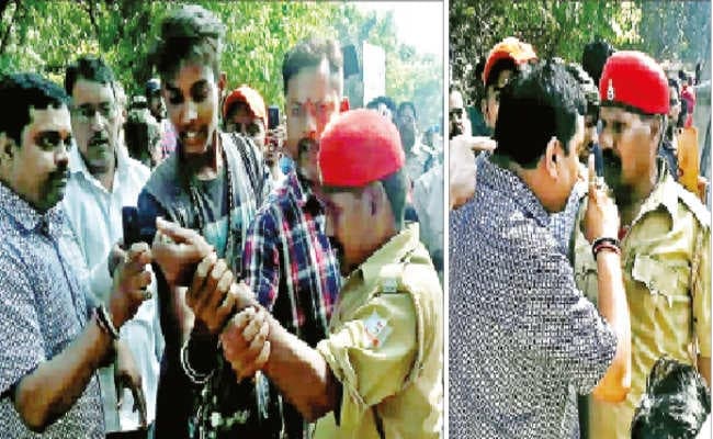 साकची में हेलमेट चेक कर रहे पुलिसकर्मियों ने नहीं मानी पैरवी, तो भाजपा नेता ने रुपये लेने का आरोप लगाकर किया जमकर हंगामा