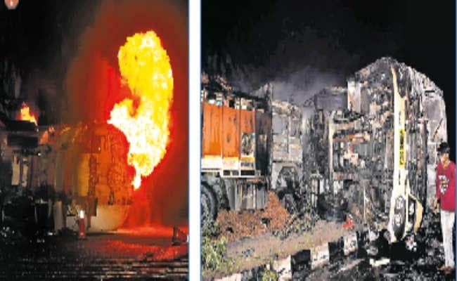 मिथेन भरे टैंकर में लगी आग, एसी बस समेत सात वाहन जले, चार लोगों के मरने की आशंका