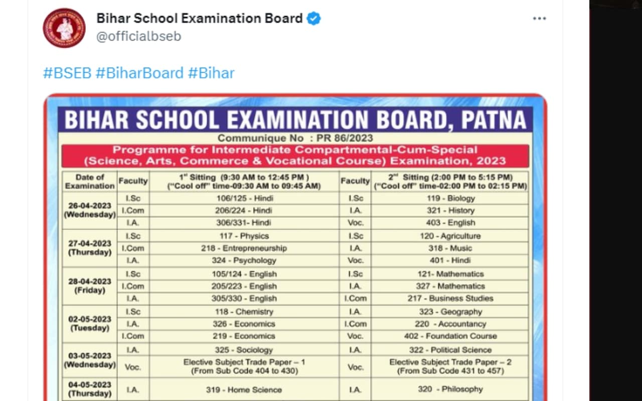 Bihar Board 12वीं कंपार्टेमेंट परीक्षा डेटशीट और एडमिट कार्ड जारी, जानें कैसे डाउनलोड करें