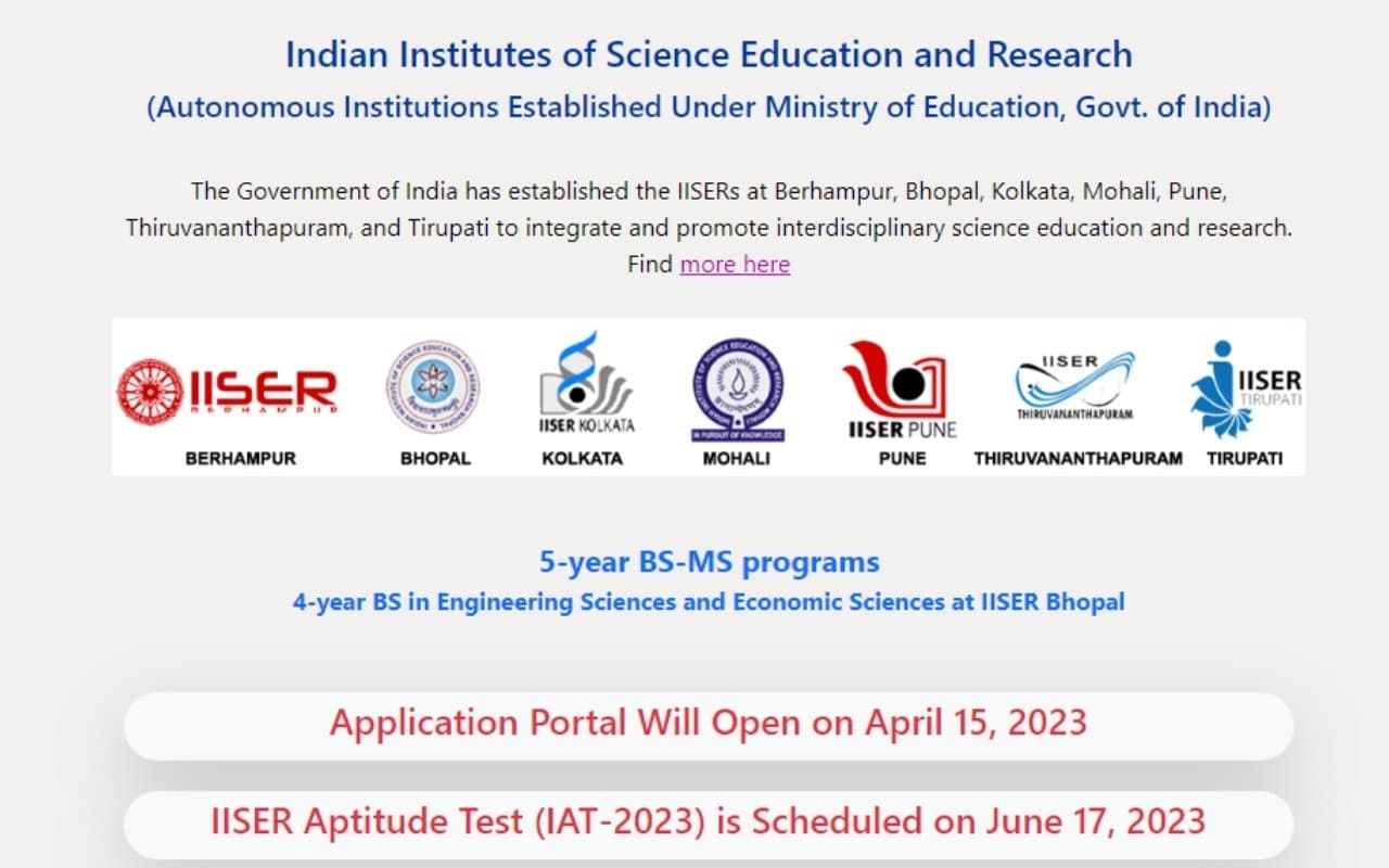 IISER Admission 2023 के लिए परीक्षा 17 जून को, योग्यता, एग्जाम पैटर्न, फीस समेत यहां पढ़ें पूरी डिटेल IISER Admission 2023 के लिए परीक्षा 17 जून को, योग्यता, एग्जाम पैटर्न, फीस समेत यहां पढ़ें पूरी डिटेल