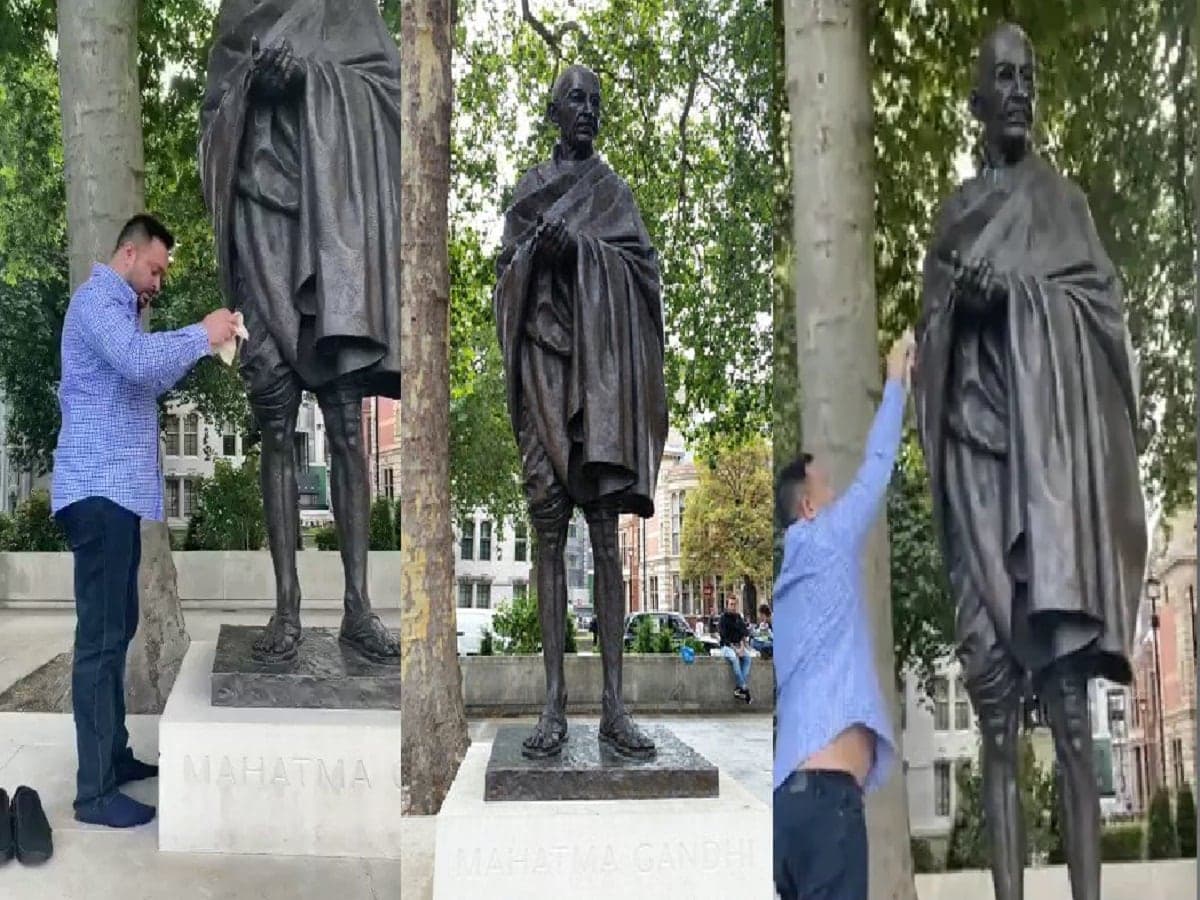गांधी की प्रतिमा पर दिखी गंदगी तो तेजस्वी यादव जेब से रुमाल निकाल करने लगे सफाई, वीडियो हुआ वायरल