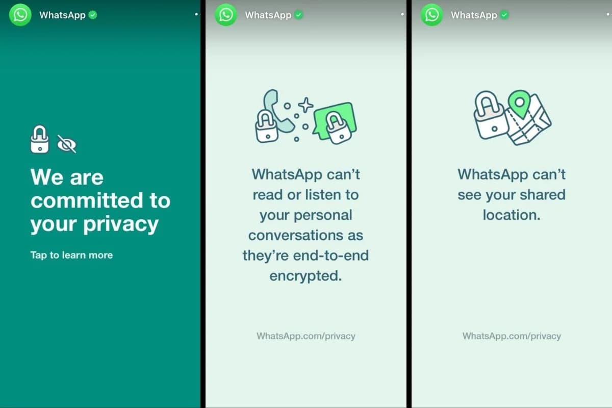 WhatsApp ने स्टेटस अपडेट कर प्राइवेसी पॉलिसी पर यूजर्स को दी सफाई, कहा- नहीं शेयर करेंगे डेटा WhatsApp ने स्टेटस अपडेट कर प्राइवेसी पॉलिसी पर यूजर्स को दी सफाई, कहा- नहीं शेयर करेंगे डेटा
