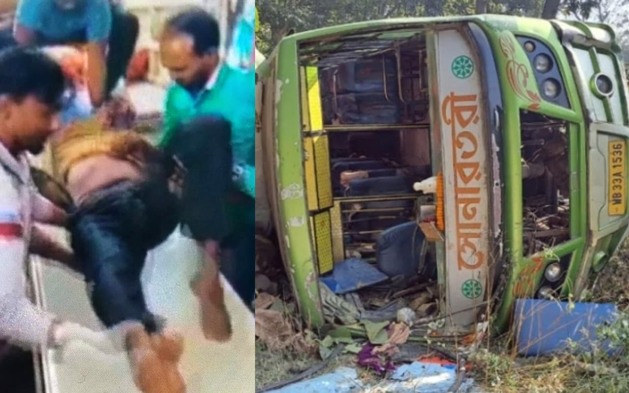 पश्चिम बंगाल के झाड़ग्राम में यात्री बस जंगल में पलटी, 34 यात्री जख्मी, तीन की हालत गंभीर