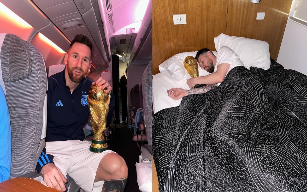 FIFA WC 2022: वर्ल्ड कप ट्रॉफी को सीने से चिपकाकर सोए मेसी, टीम के स्वागत में उमड़ी भीड़, देखें PHOTOS FIFA WC 2022: वर्ल्ड कप ट्रॉफी को सीने से चिपकाकर सोए मेसी, टीम के स्वागत में उमड़ी भीड़, देखें PHOTOS
