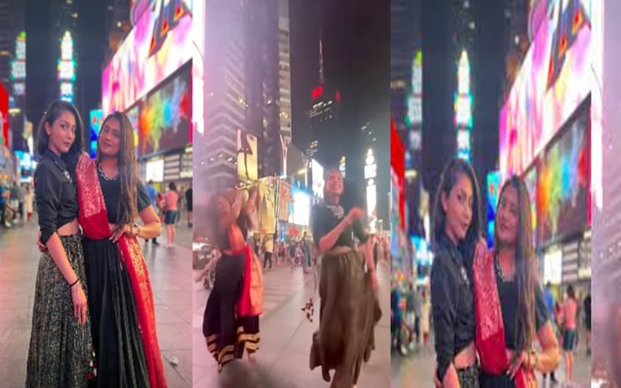 अमेरिका में नवरात्रि की झलक, आधी रात दो लड़कियों ने Time Square पर किया जमकर गरबा