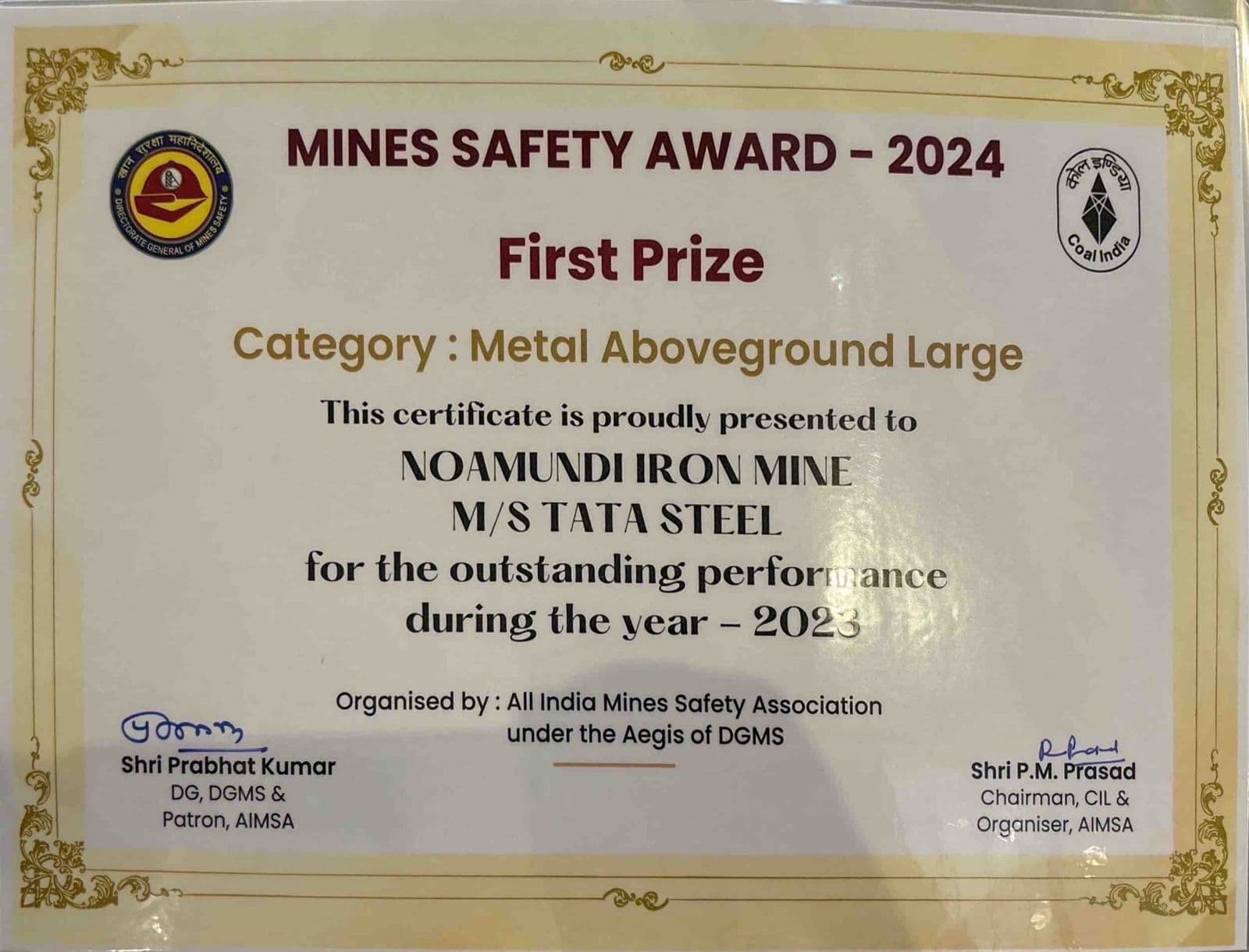 टाटा स्टील की नोवामुंडी आयरन माइन को मिला ‘माइंस सेफ्टी अवार्ड’ में प्रथम पुरस्कार