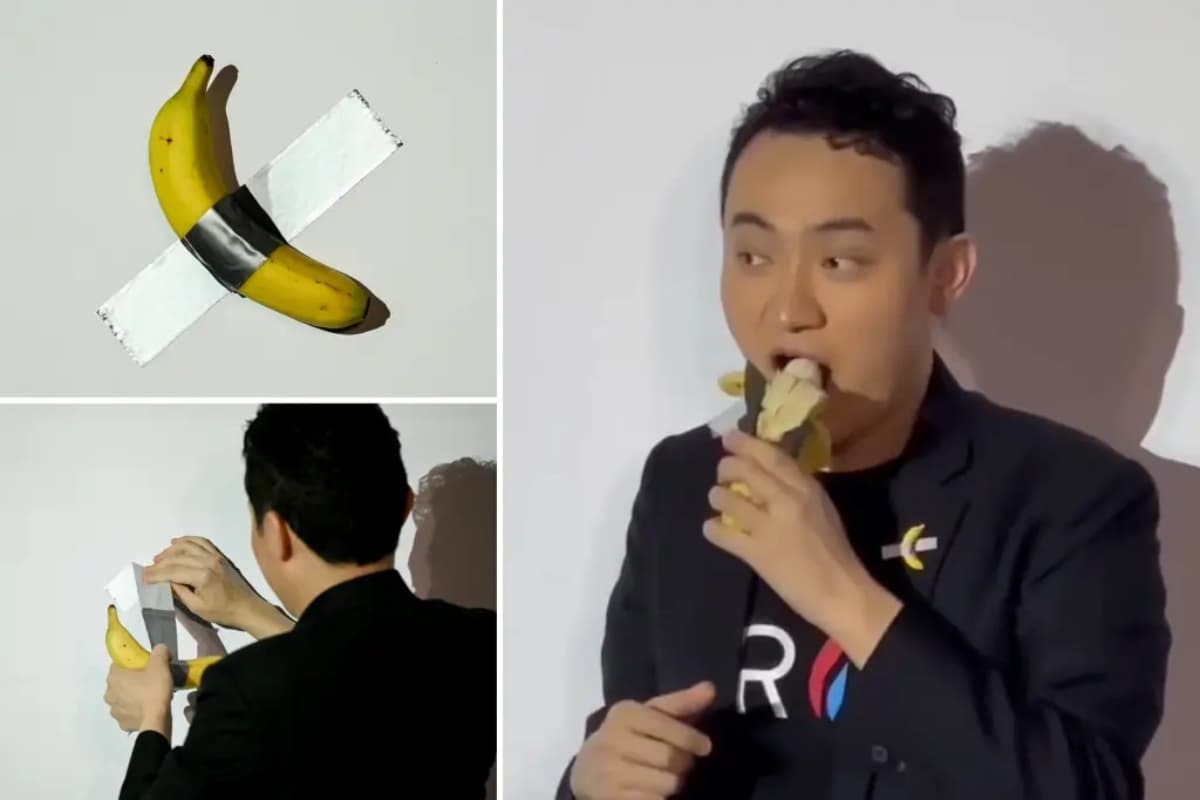 Crypto entrepreneur justin sun eats duct taped banana artwork Crypto entrepreneur justin sun eats duct taped banana artwork