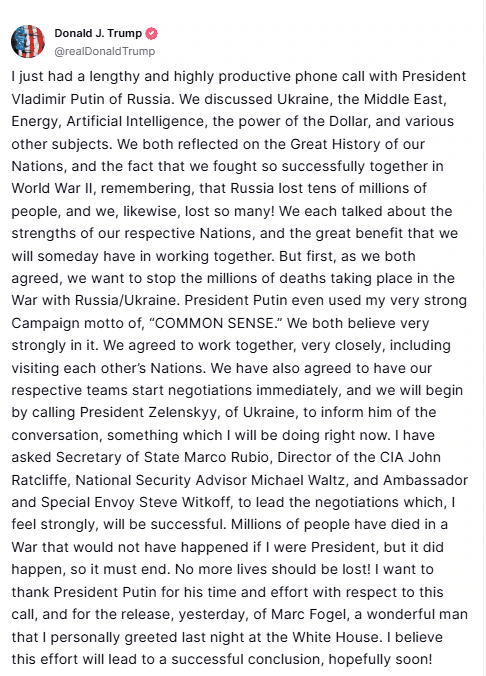 Donald Trump spoke to Putin and Zelensky to end the Russia-Ukraine war