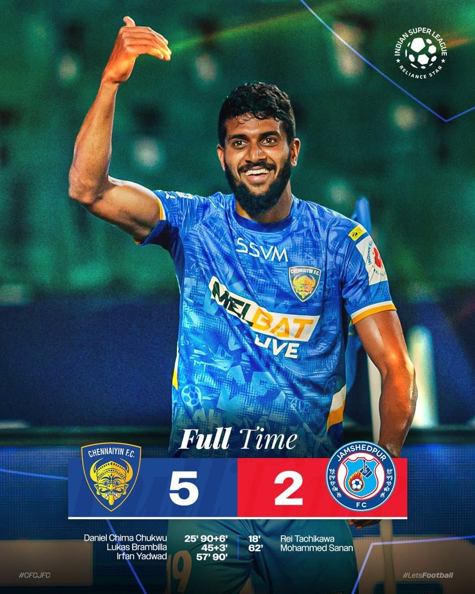 JAMSHEDPUR FC MATCH LOSS : चेन्नइयन एफसी ने जमशेदपुर को 5-2 से हराया