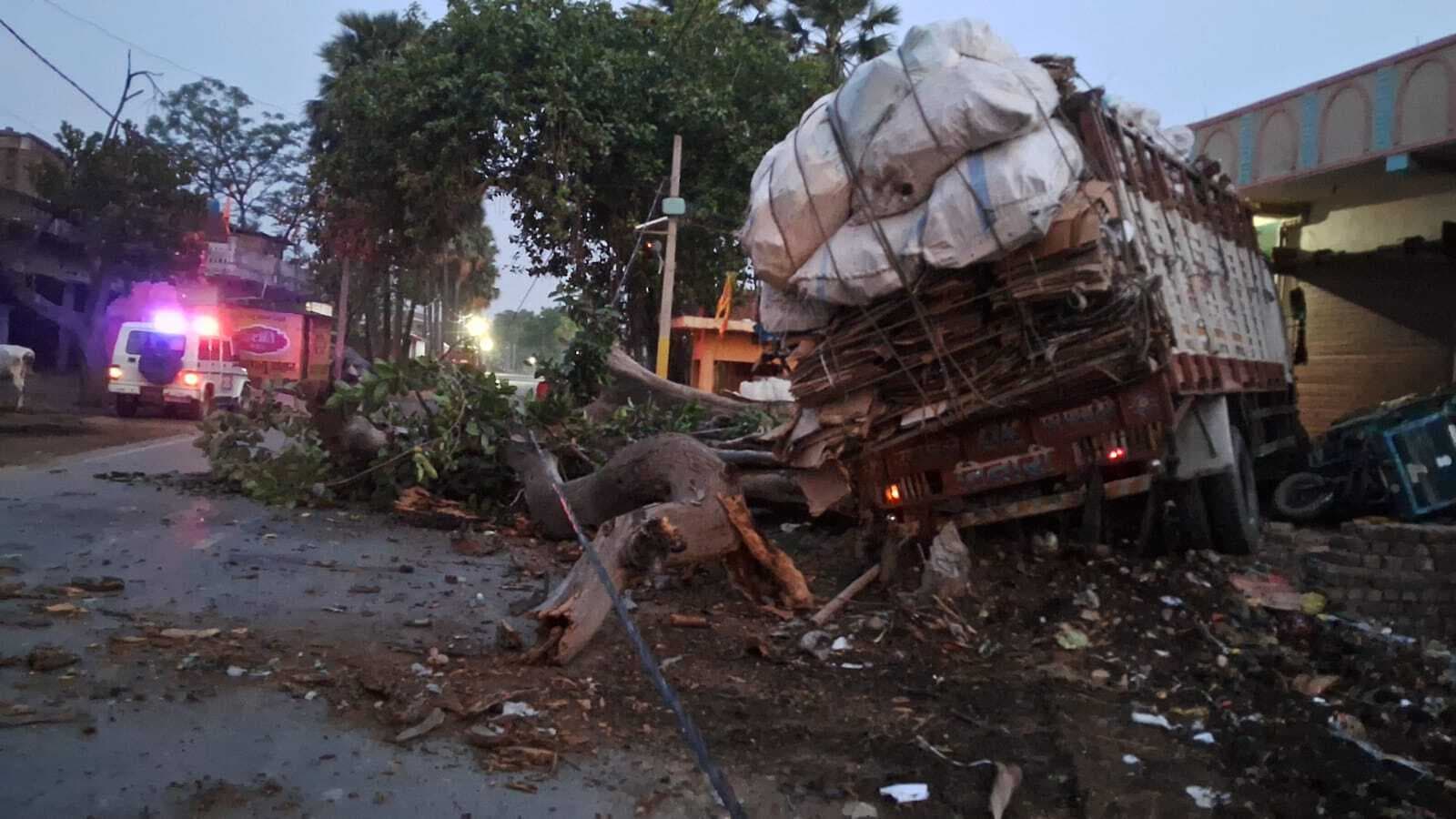 तेज रफ्तार अनियंत्रित ट्रक के धक्के से गिरा पेड़, एक टेंपू और टोटो क्षतिग्रस्त