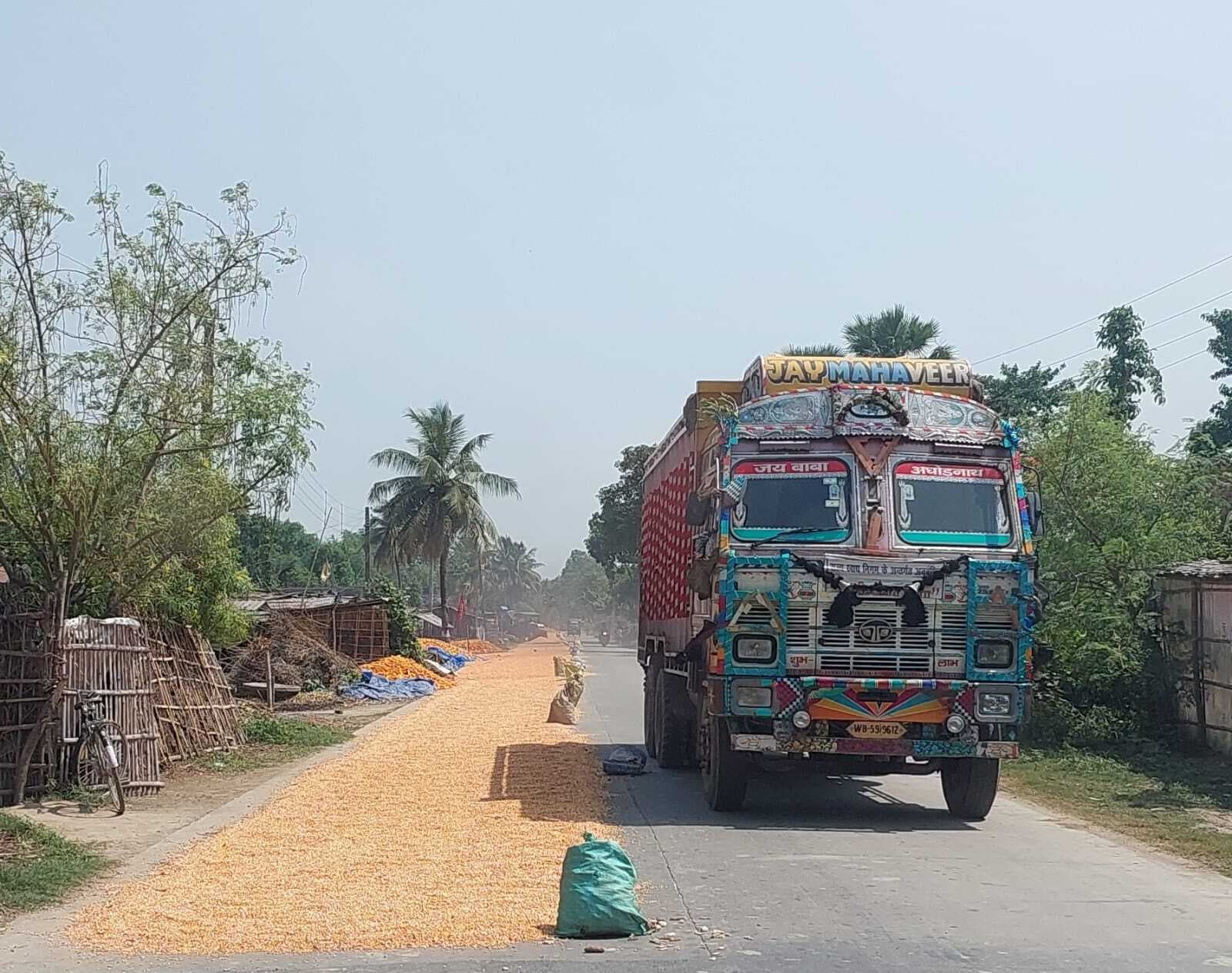 स्टेट हाइवे पर कई जगह सुखा रहे मक्का, थ्रेसर से तैयारी, प्रशासन से कार्रवाई की मांग