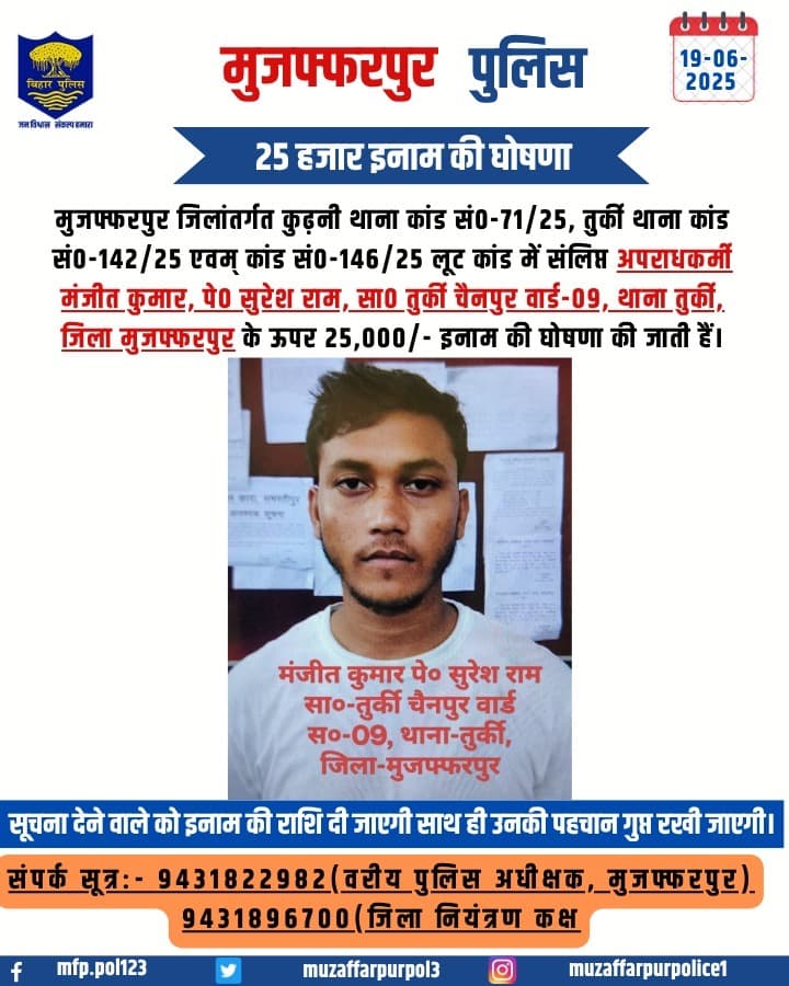 कुख्यात लुटेरा अरविंद पर 50 हजार व मंजीत और अनवर पर 25-25 हजार का इनाम घोषित