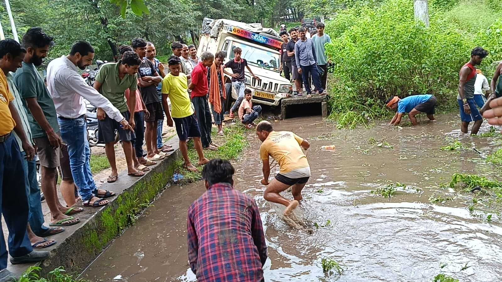 मछलियों से भरा पिकअप वैन दुर्घटनाग्रस्त, मछली पकड़ने की लगी होड़