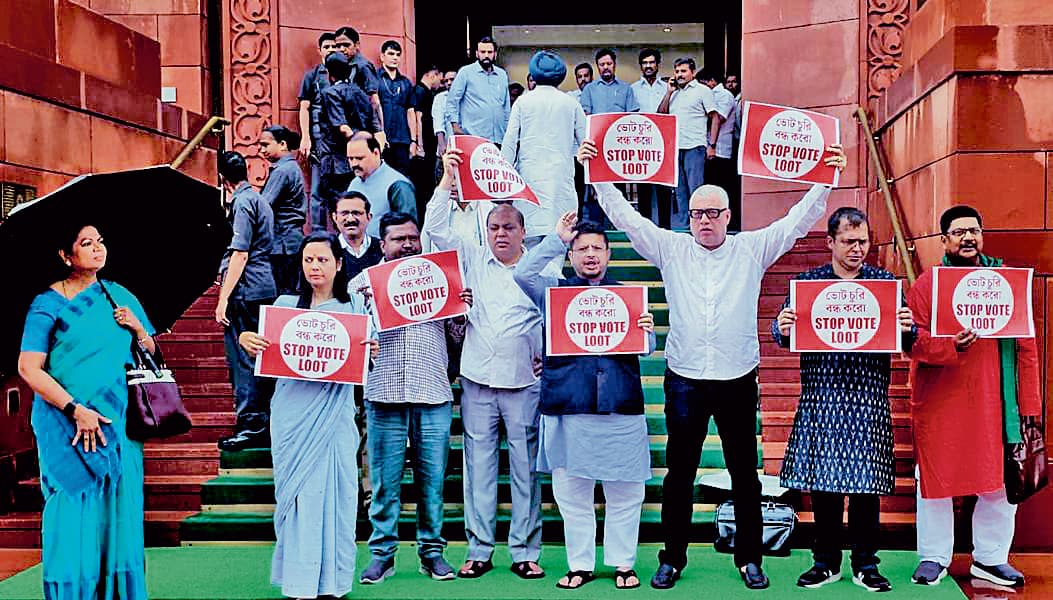 बिहार में एसआइआर के विरुद्ध संसद में तृणमूल कांग्रेस सांसदों का प्रदर्शन