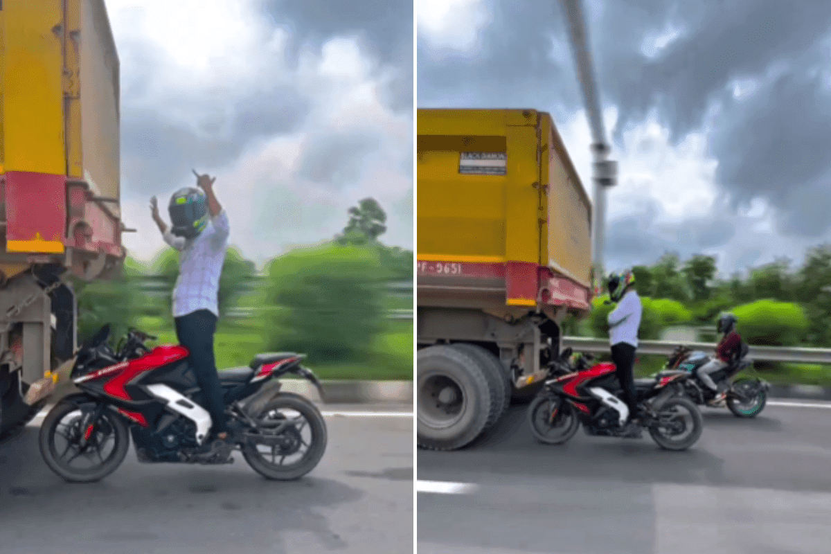 Viral Video bike stunt behind truck Viral Video bike stunt behind truck