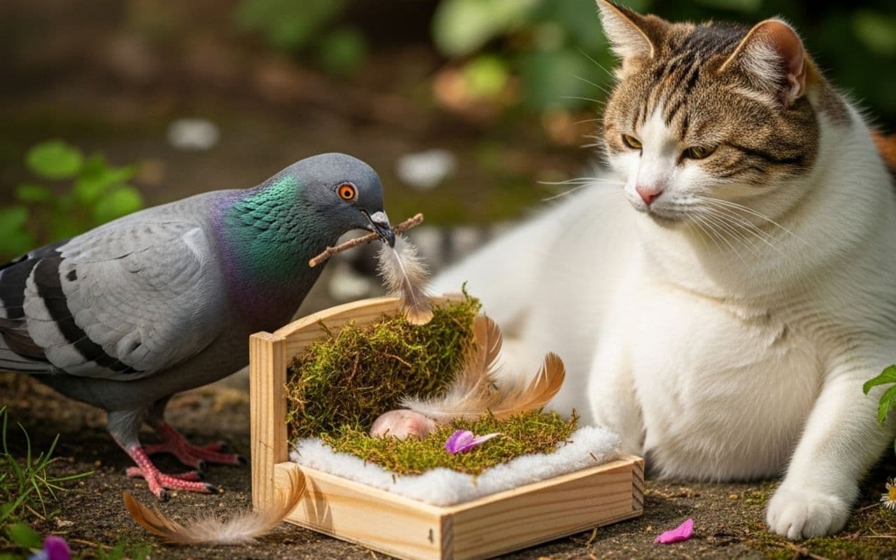Viral Video pigeon helping pregnant cat by building bed Viral Video pigeon helping pregnant cat by building bed