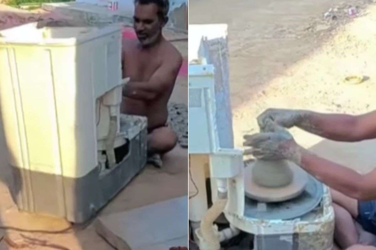 Viral video man use washing machine to make clay pot Viral video man use washing machine to make clay pot