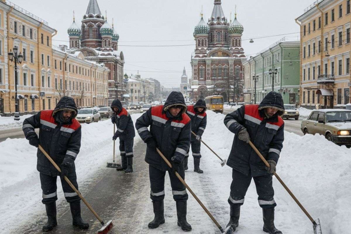 Indian people sweeping the streets in Russia/ Ai Image Indian people sweeping the streets in Russia/ Ai Image