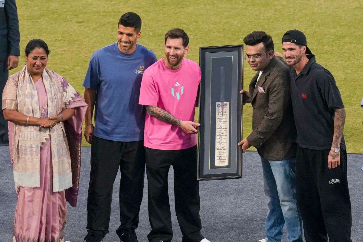Lionel Messi with Jay Shah and Delhi CM Rekha Gupta