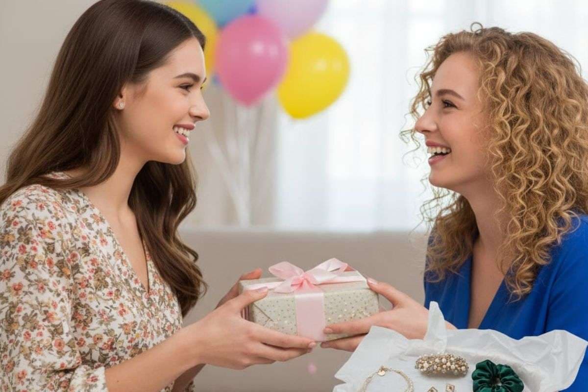 a girl giving gift to her best friend on her birthday (AI Generated)