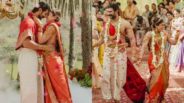 रश्मिका की रस्ट-ऑरेंज साड़ी और विजय का वर्मिलियन अंगवस्त्रम लुक, ट्रेडिशन और एलीगेंस का परफेक्ट कॉम्बो