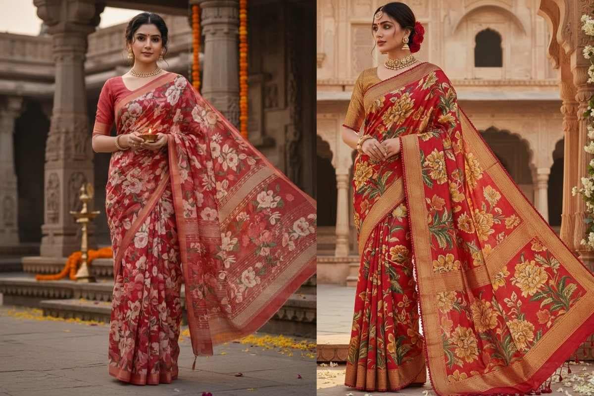 Floral Print Red Saree Design (AI IMAGE)