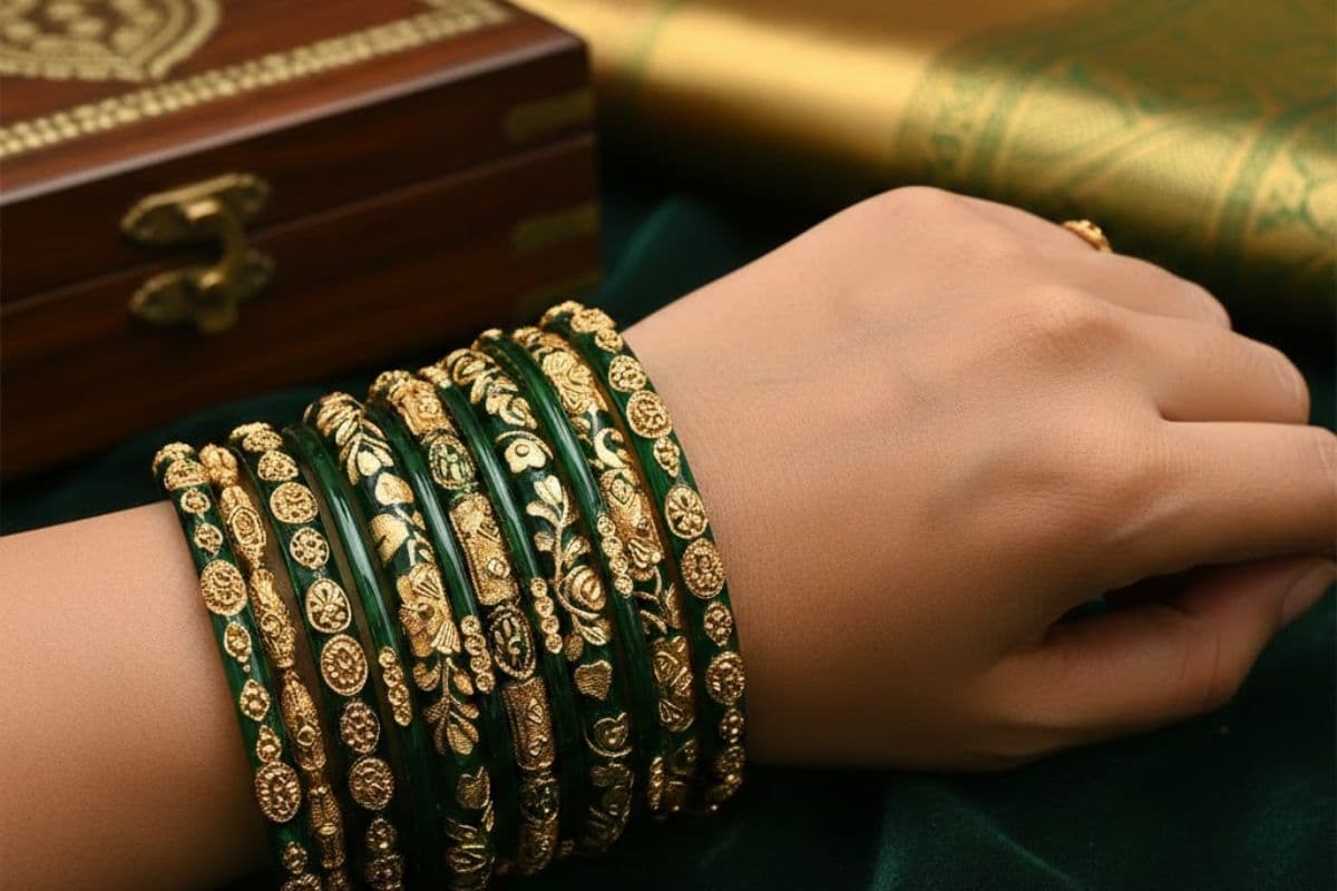 golden work green bangles