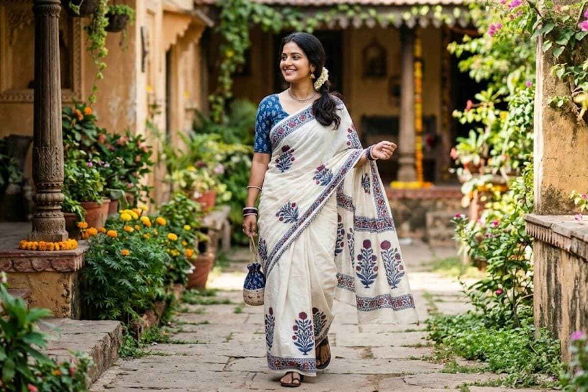 white printed cotton saree