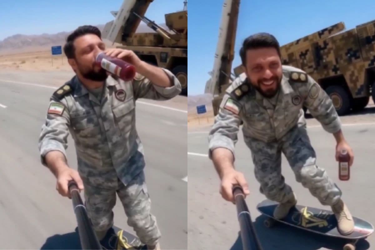 Iran Soldier Mock Israel pomegranate juice tel aviv