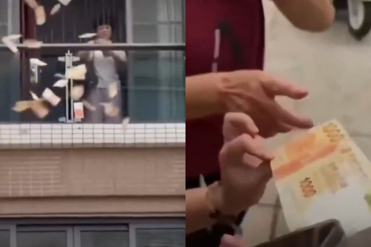 China Woman Throws Money From Balcony after fight husband