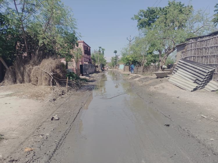 सड़क पर पानी जमा रहने से छात्र-छात्राओं को आवागमन में परेशानी